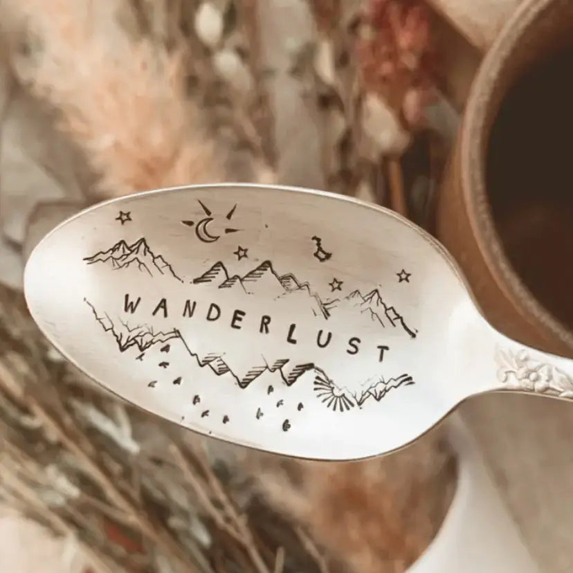 Wanderlust stamped spoon, vintage silver, handmade, nature