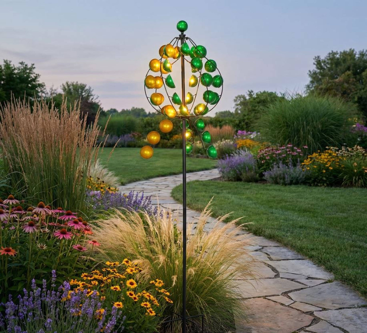Colorful Metal Wind Spinner Stake Green and Yellow Circles