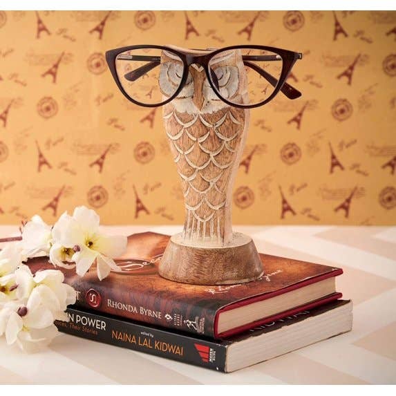Hand-Carved Owl Eyeglass Holder – Rustic Wood Display Stand