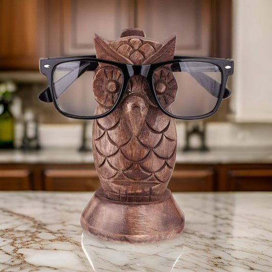 Handcarved Owl Eyeglass Holder – Rustic Wood Glasses Stand