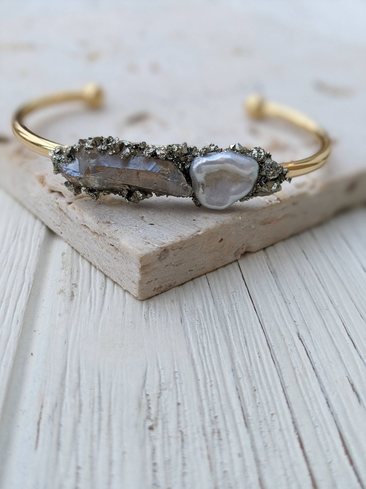 Pearl Cuff Bracelet Gold Bracelet Cuff Raw Pyrite Bracelet