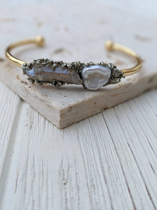 Pearl Cuff Bracelet Gold Bracelet Cuff Raw Pyrite Bracelet